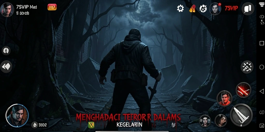 Tampilan utama gameplay 7SVIP yang menegangkan dan gelap.