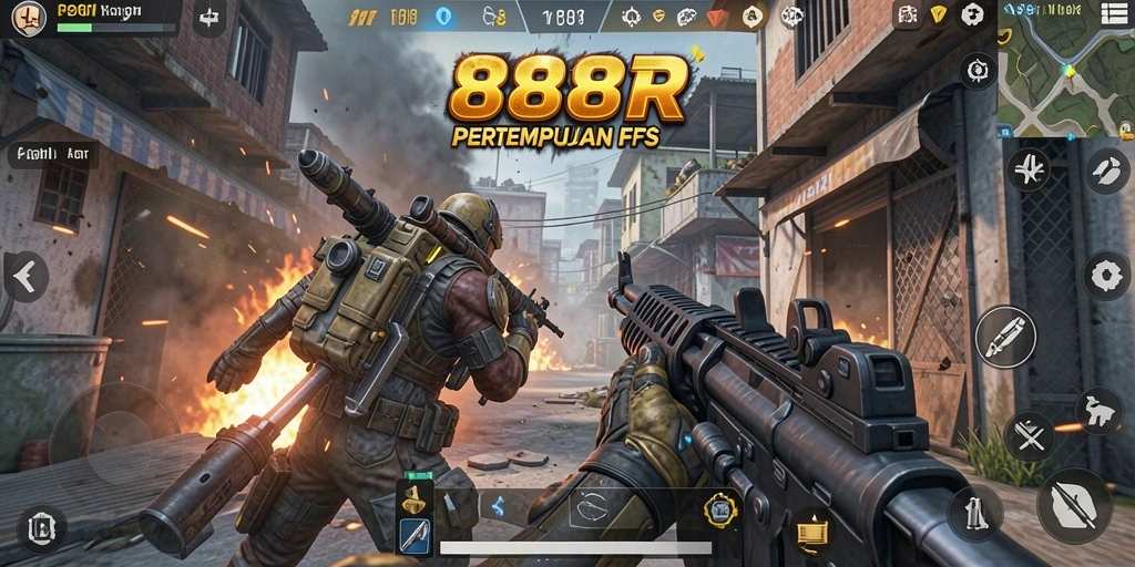 Tangkapan layar gameplay 888R menampilkan aksi tembak-menembak yang intens.