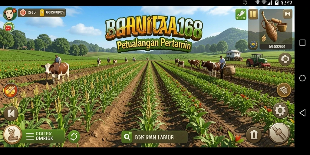 Tampilan gameplay seru di ladang dengan berbagai tanaman dan hewan.