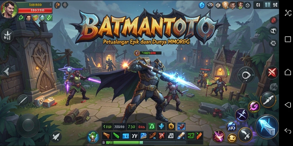 Screenshot gameplay <strong>BATMANTOTO</strong> menampilkan aksi pertempuran mendebarkan antara karakter pemain dan monster raksasa.