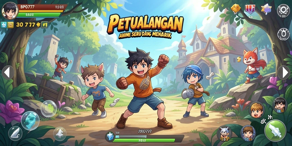 Tampilan gameplay BPO777 dengan karakter anime yang dinamis dan dunia yang cerah.