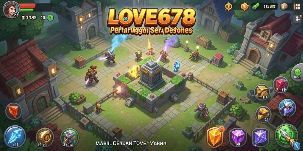 Screenshot menunjukkan aksi intense dalam game Tower Defense LOVE678.