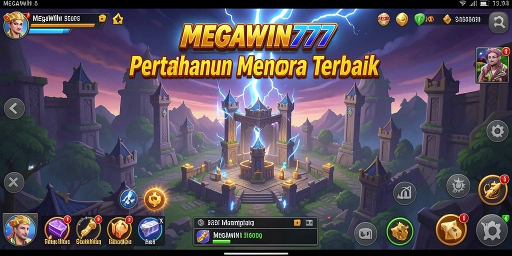 Tampilan permainan <strong>MEGAWIN777</strong> dengan menara yang kuat dan gelombang musuh yang menakutkan.