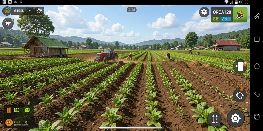 Screenshot gameplay ORCA128 yang menampilkan aktivitas pertanian seru.