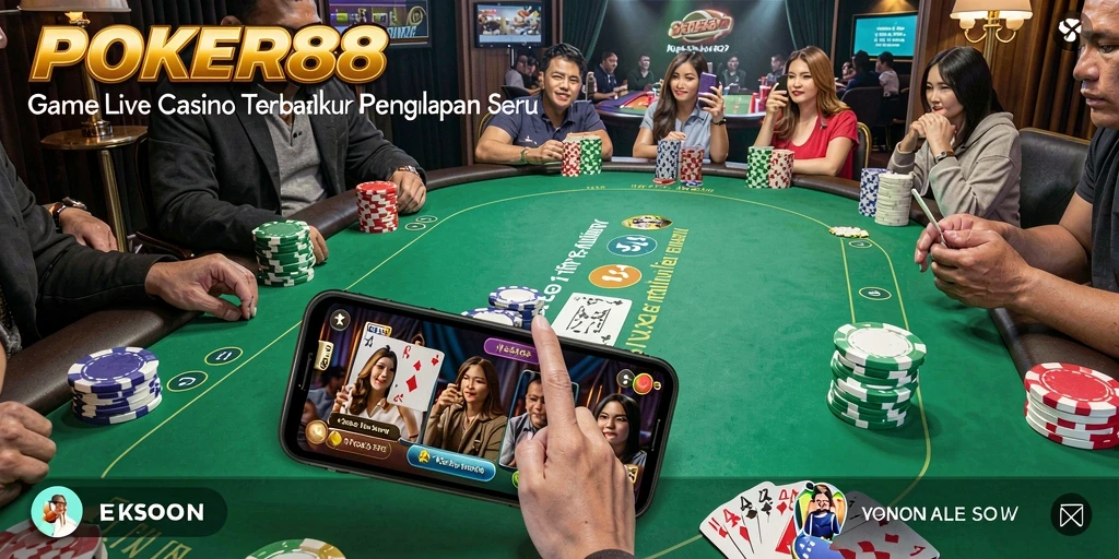 Tampilan antarmuka POKER88 dengan dealer langsung dalam suasana kasino.