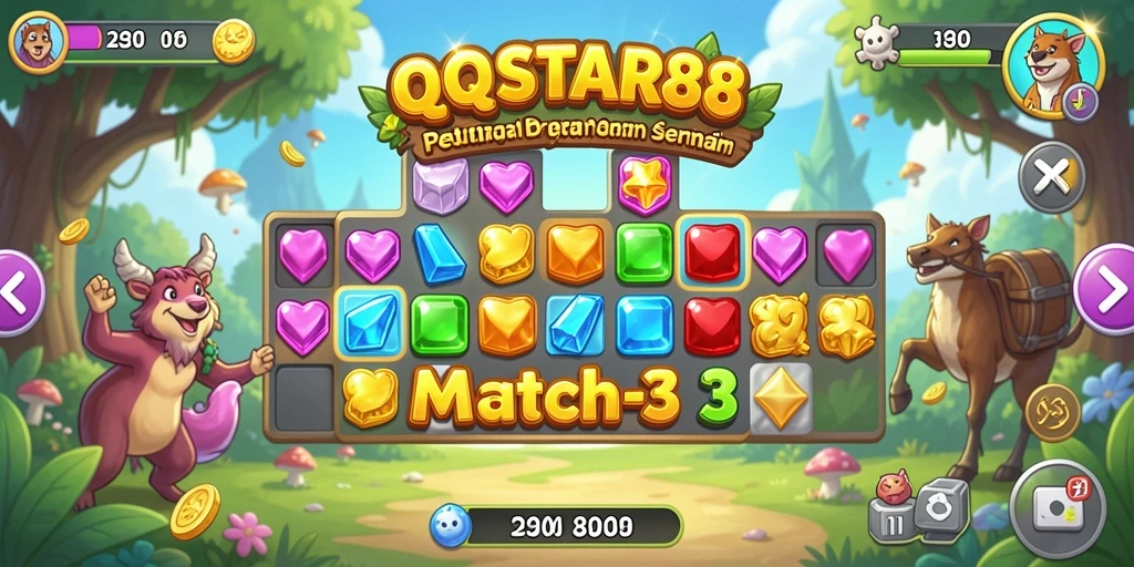 Tampilan gameplay QQSTAR88 yang menampilkan aksi Match-3 yang seru.