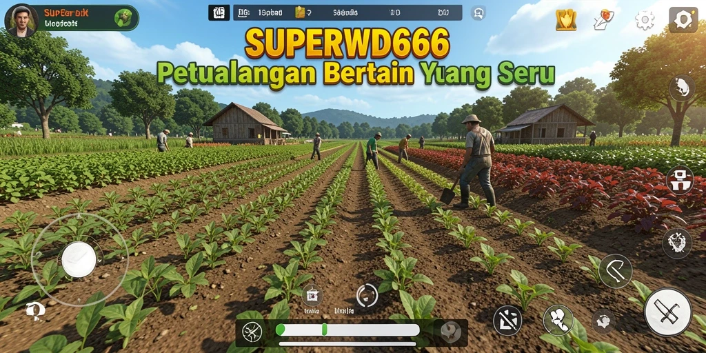 Tampilan utama gameplay SUPERWD666 dengan lahan yang subur dan hewan ternak.