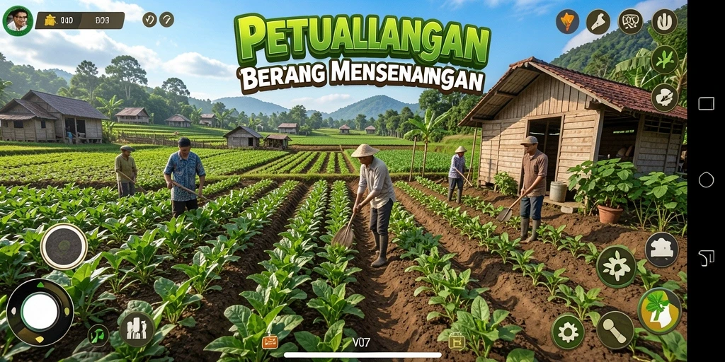 Screenshot gameplay V07 menampilkan petani yang sedang mencangkul tanah dengan latar belakang ladang hijau.